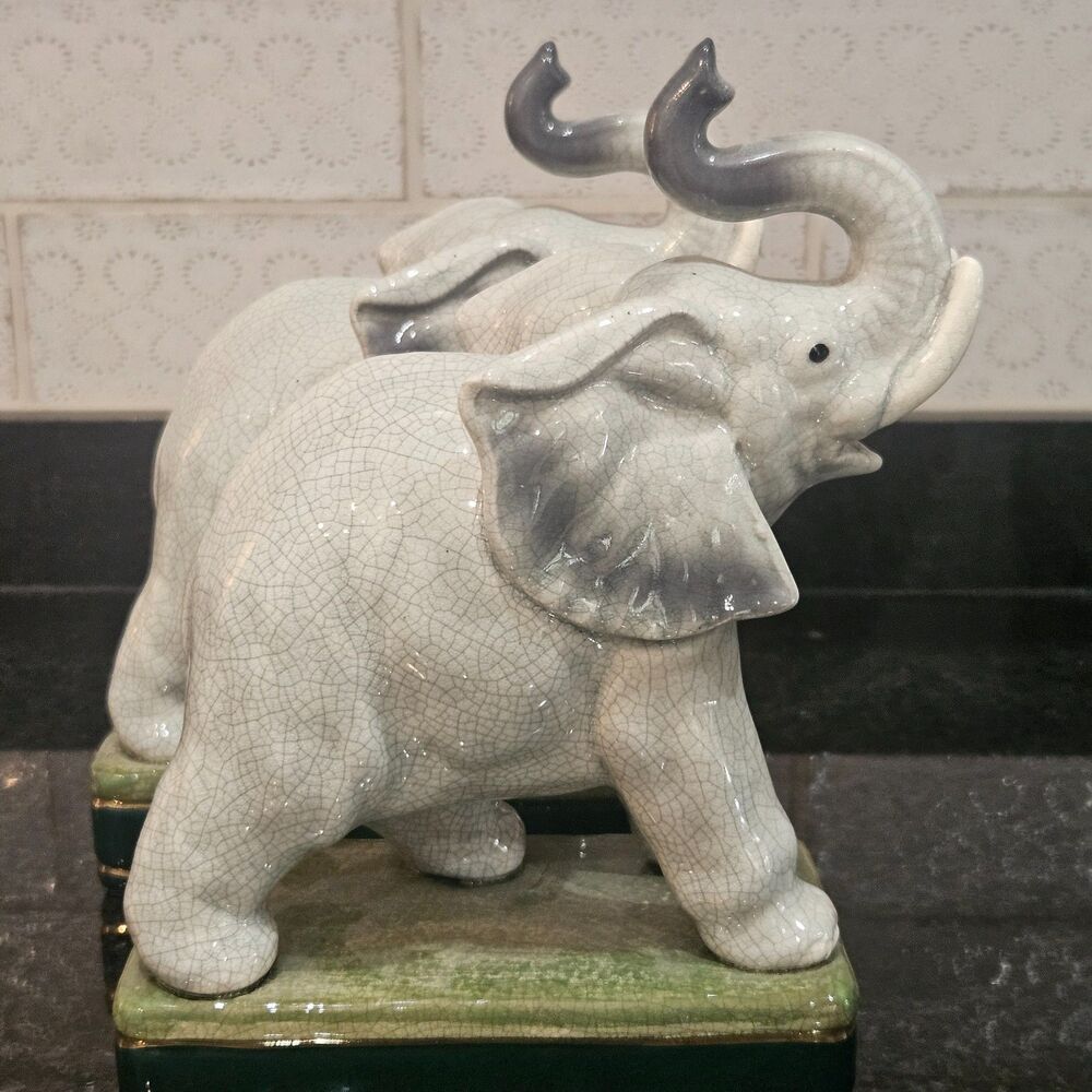 Vintage Takahashi Porcelain Elephant Figurine Bookends Trunk Up Hidden Space